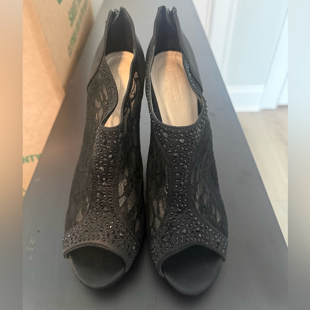 David’s Bridal Black Lace Peep-Toe Shootie with Flatback Crystals